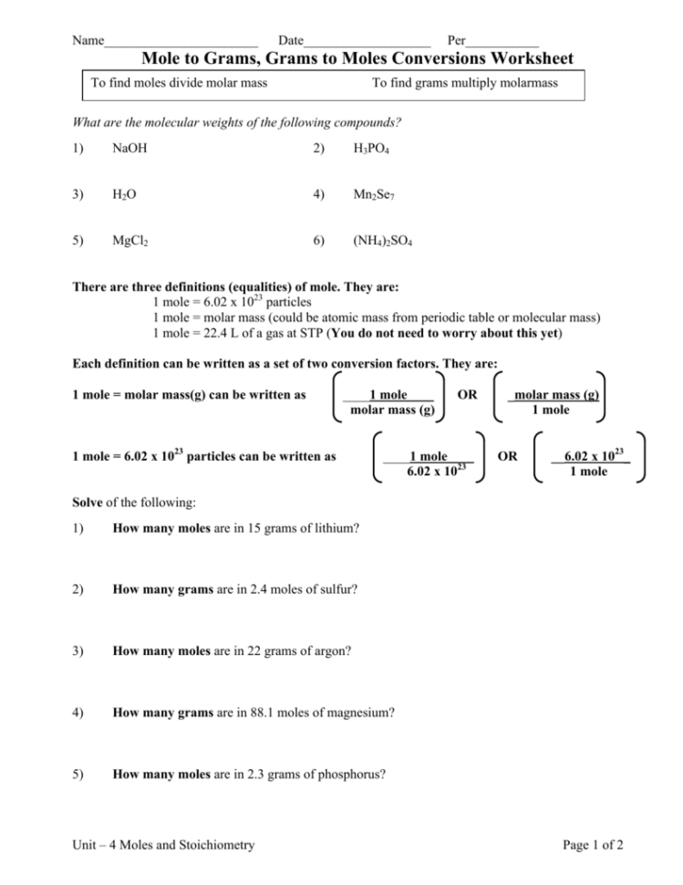 Mole Calculations Worksheet