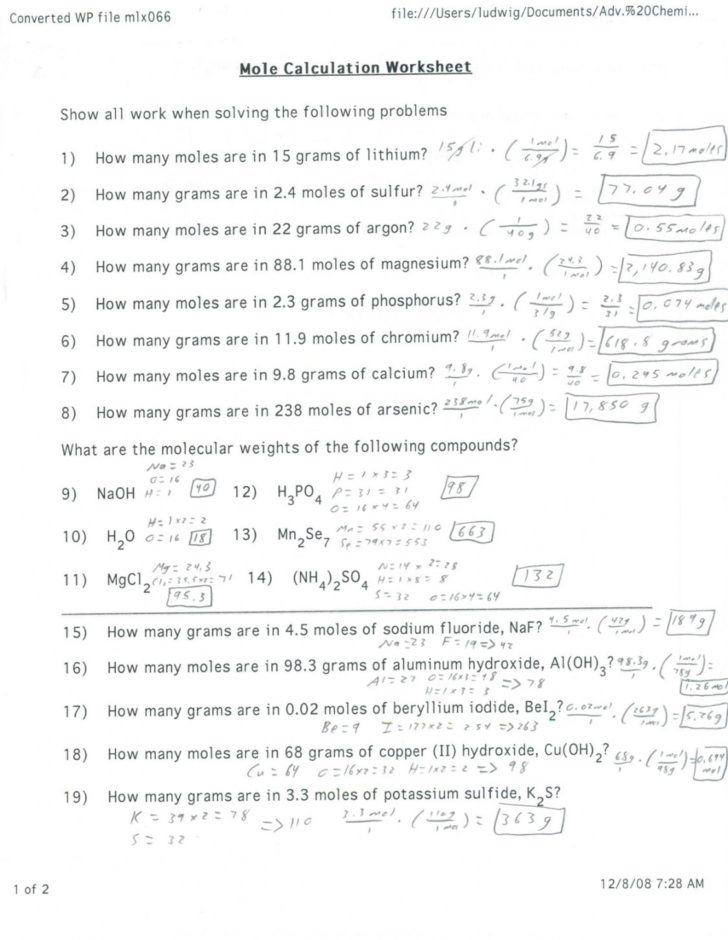 Moles To Grams Worksheet