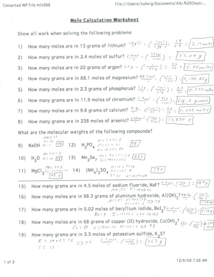 Moles Worksheet Answers Moles Worksheet Answers