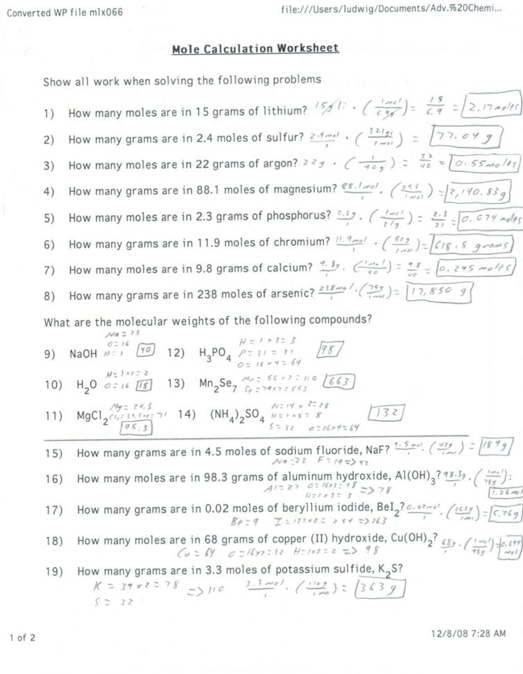 Mole Conversion Worksheet With Answers Printable Math