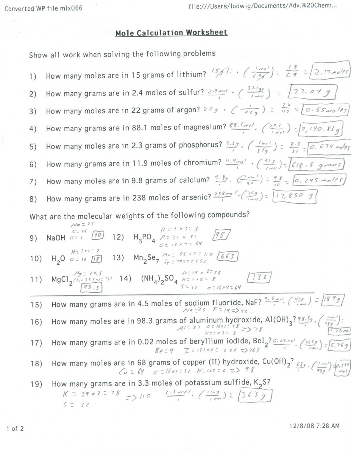 Moles Worksheet Answers Db excel