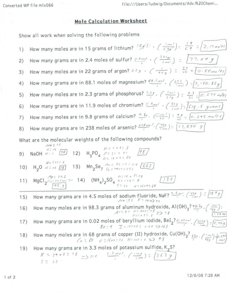 Mole Conversion Worksheet With Answers Printable Math Worksheets