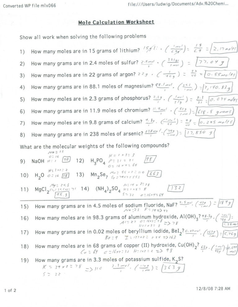 Grams Moles Calculations Worksheet
