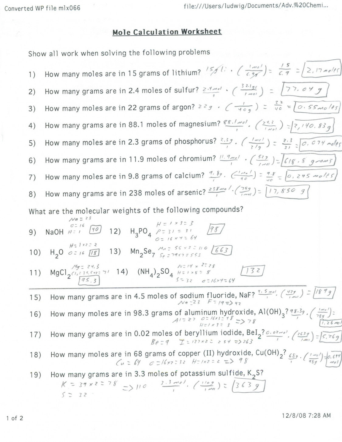 Mole Conversion Worksheet With Answers Printable Math 