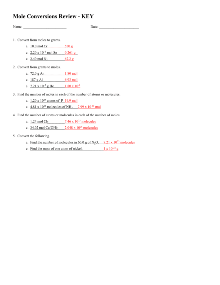 Mole Conversions Worksheet 1