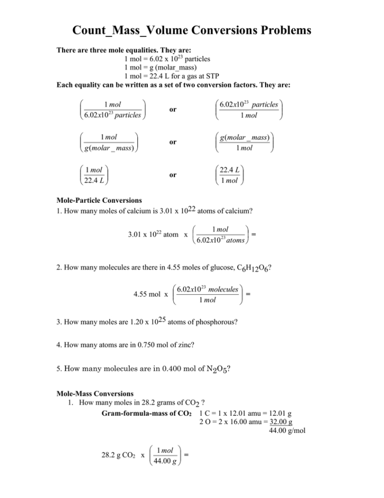 Mole Conversions Worksheet