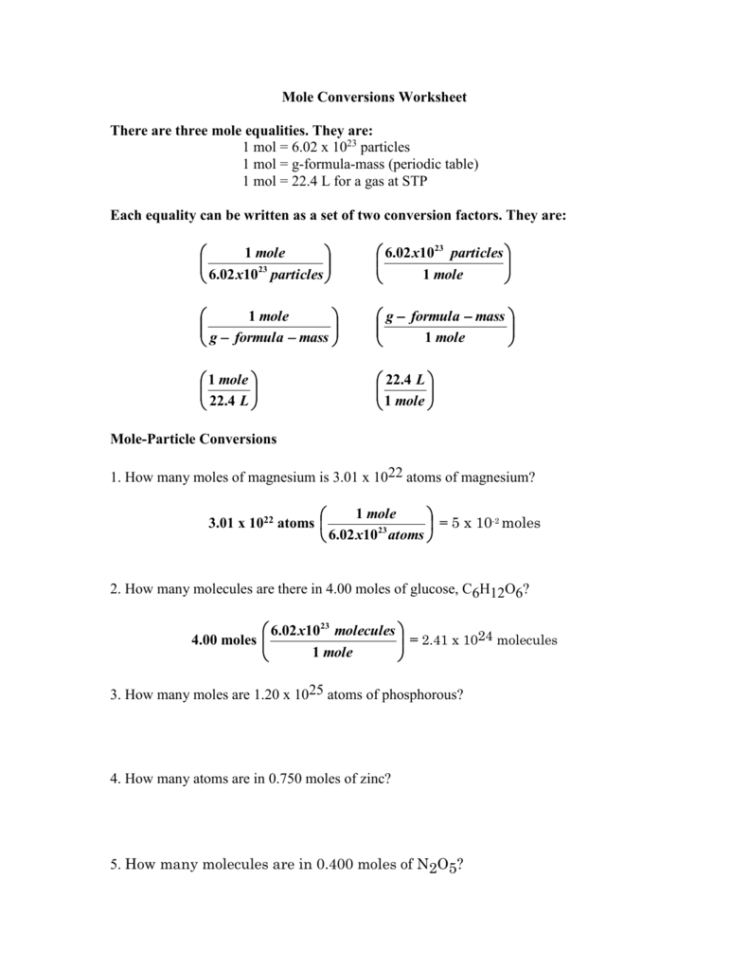 Mole Conversions Worksheet