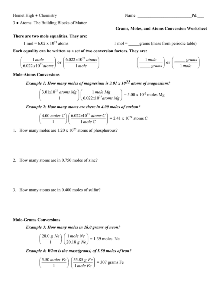 Mole To Grams Grams To Moles Conversions Worksheet Answer Key