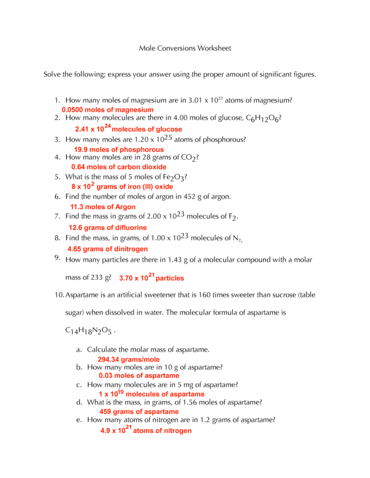 Mole Conversions Worksheet  Answer Key  Chem 1A  Studocu
