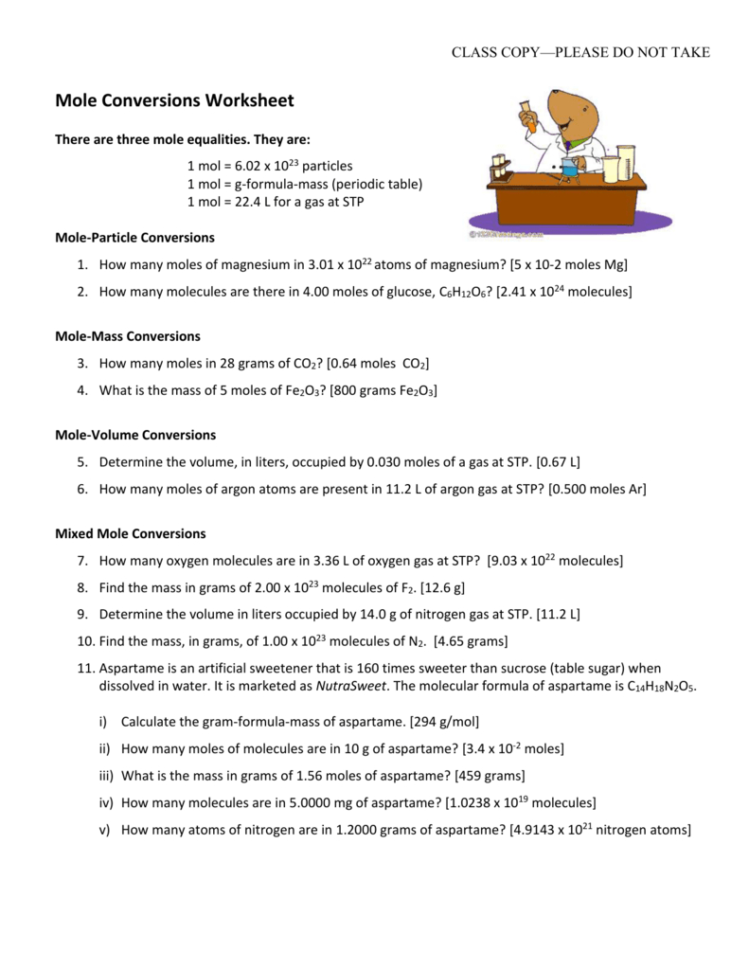 Mole Conversions Worksheet  Crhs
