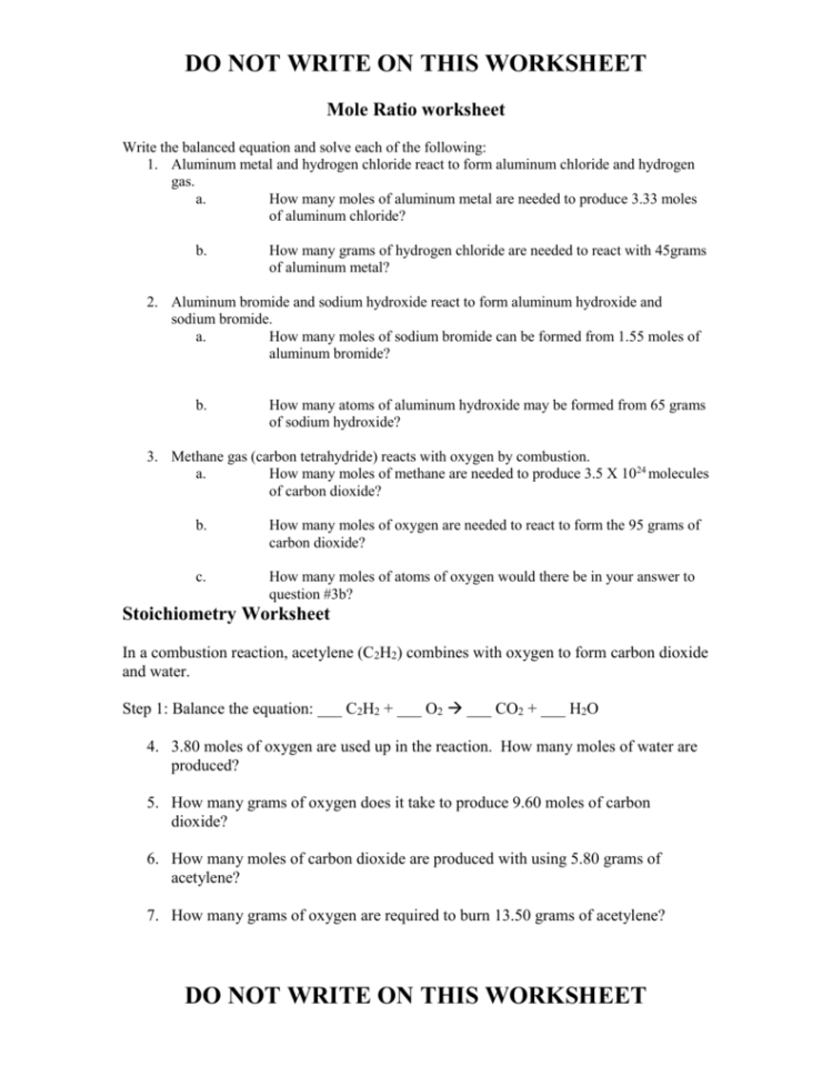 Mole Ratio Worksheet