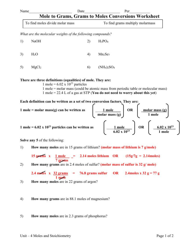 Mole To Grams Grams To Moles Conversions Worksheet Answers