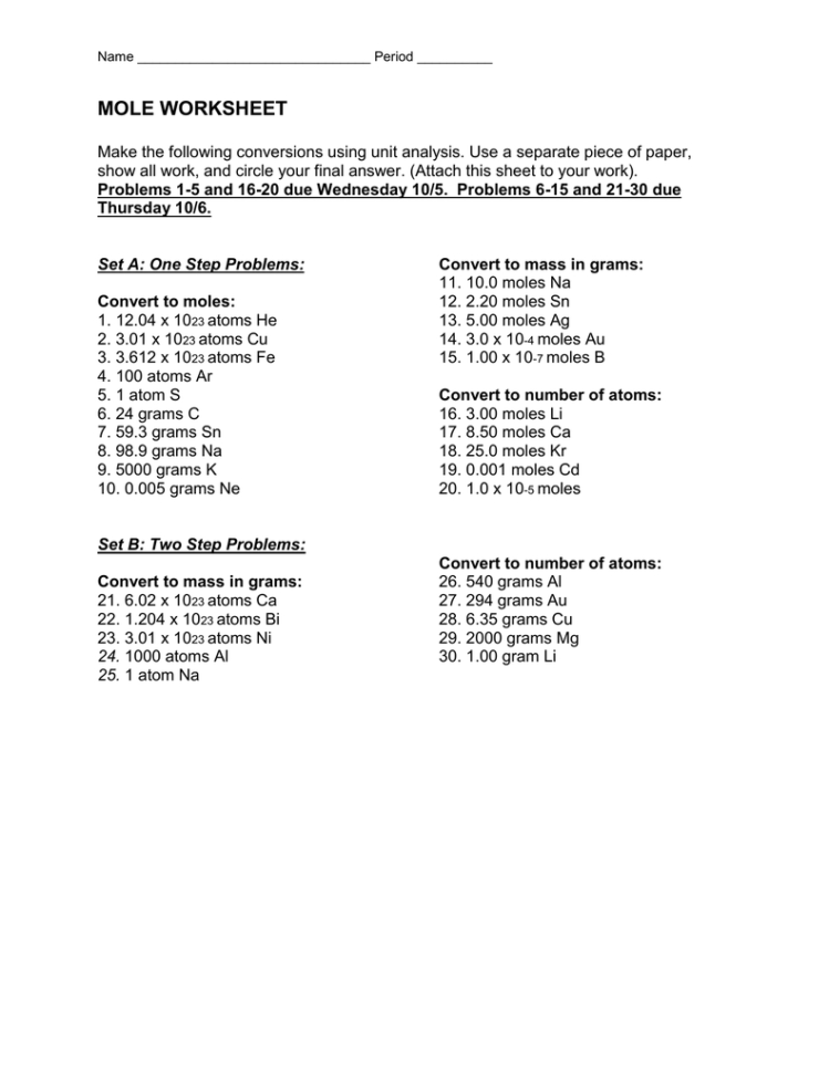 Mole Worksheet