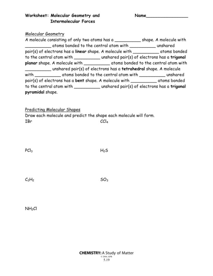Molecular Geometry Worksheet Answers