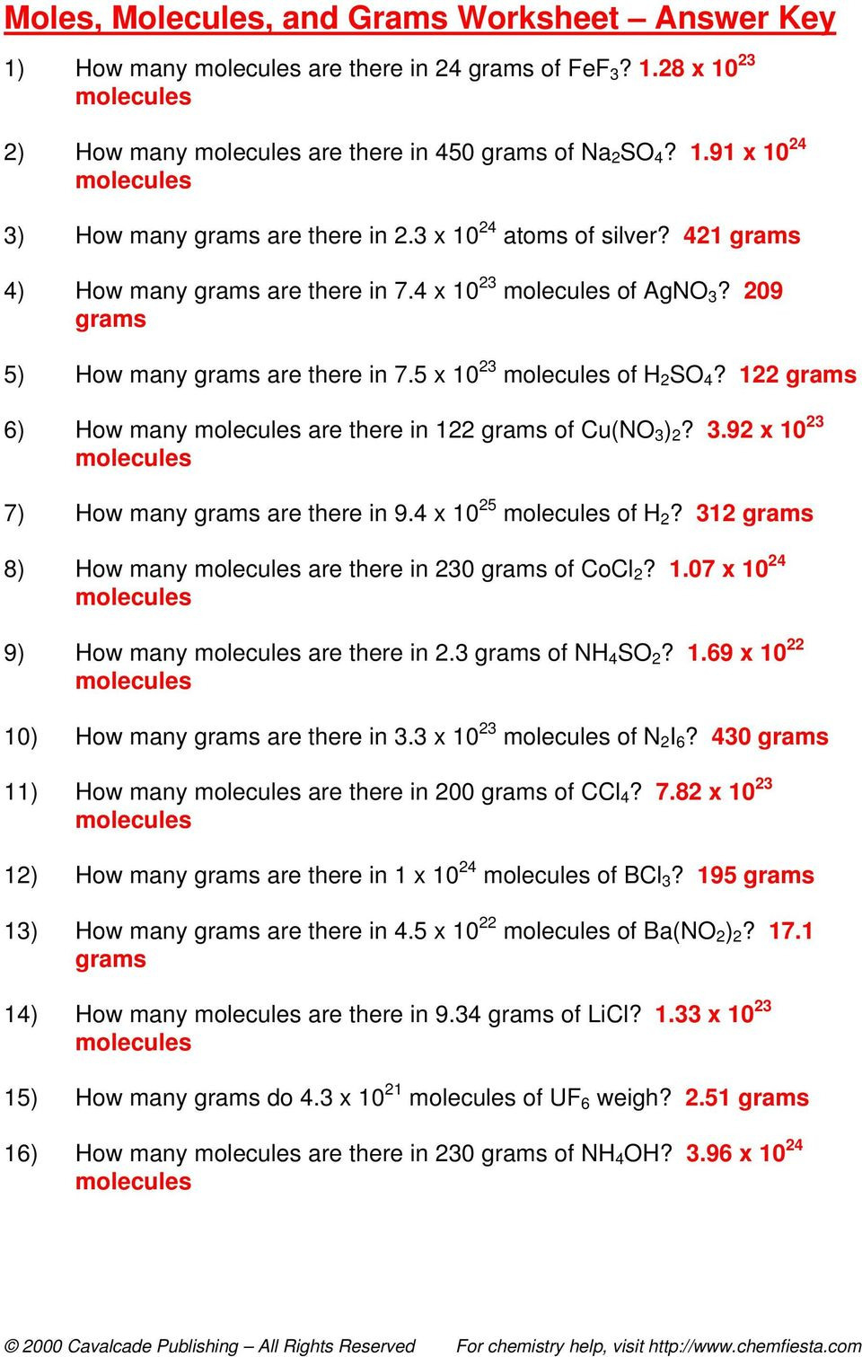 Moles Molecules And Mass Worksheet Answers