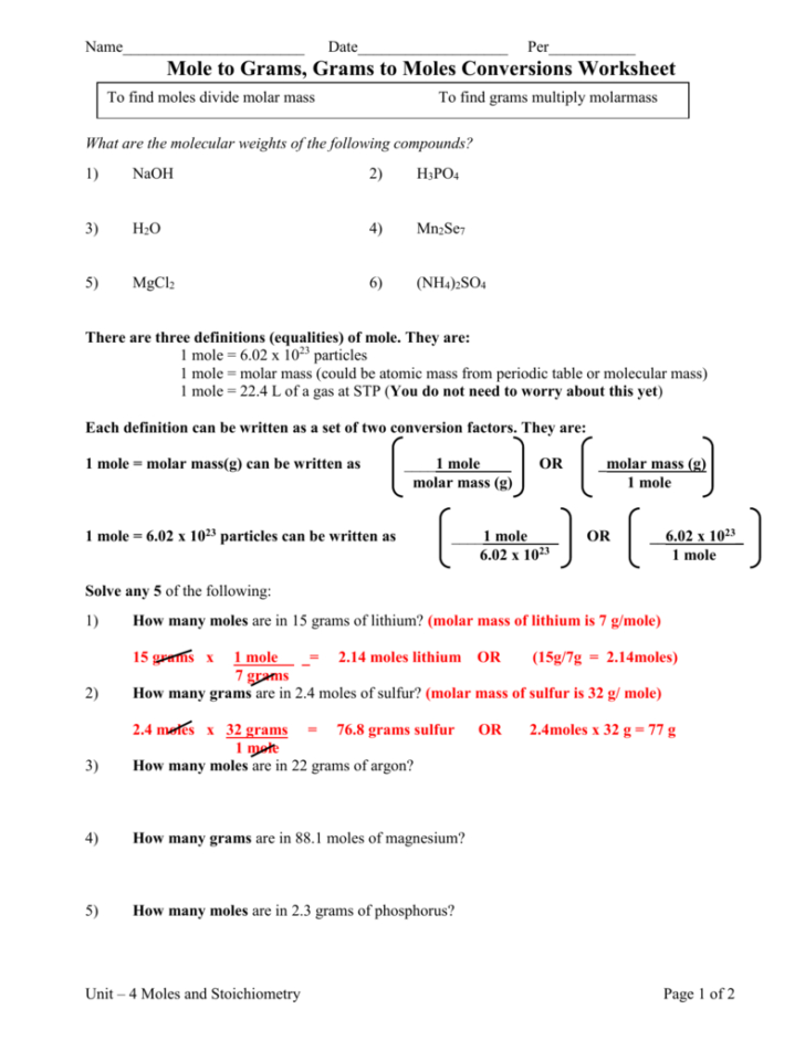 Mole To Grams Grams To Moles Conversions Worksheet Answer Key — db