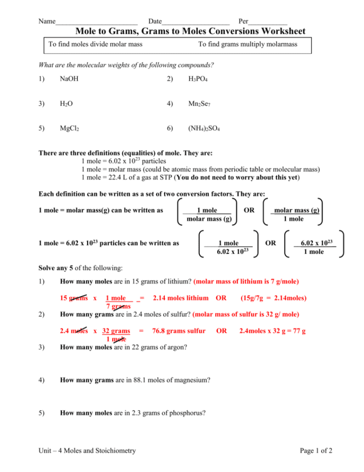 Moles To Grams Ws