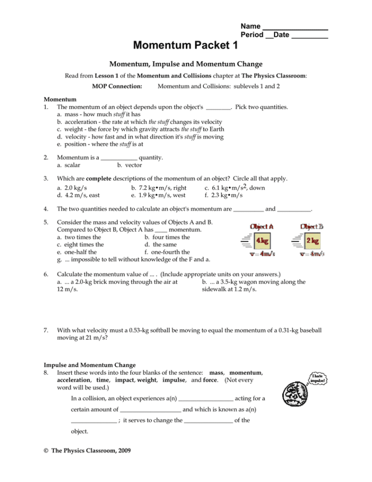 Momentum Packet 1 Name Period Date