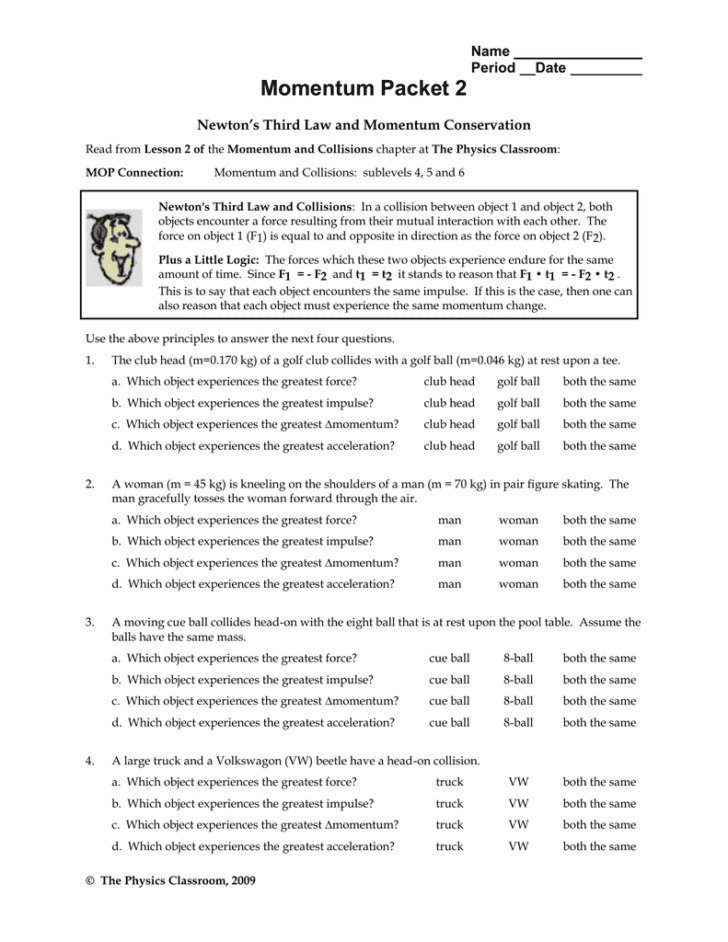 Momentum Impulse And Momentum Change Worksheet Answers Physics Classroom