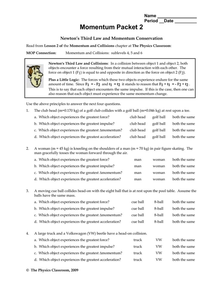 Momentum And Collisions Worksheet Answers