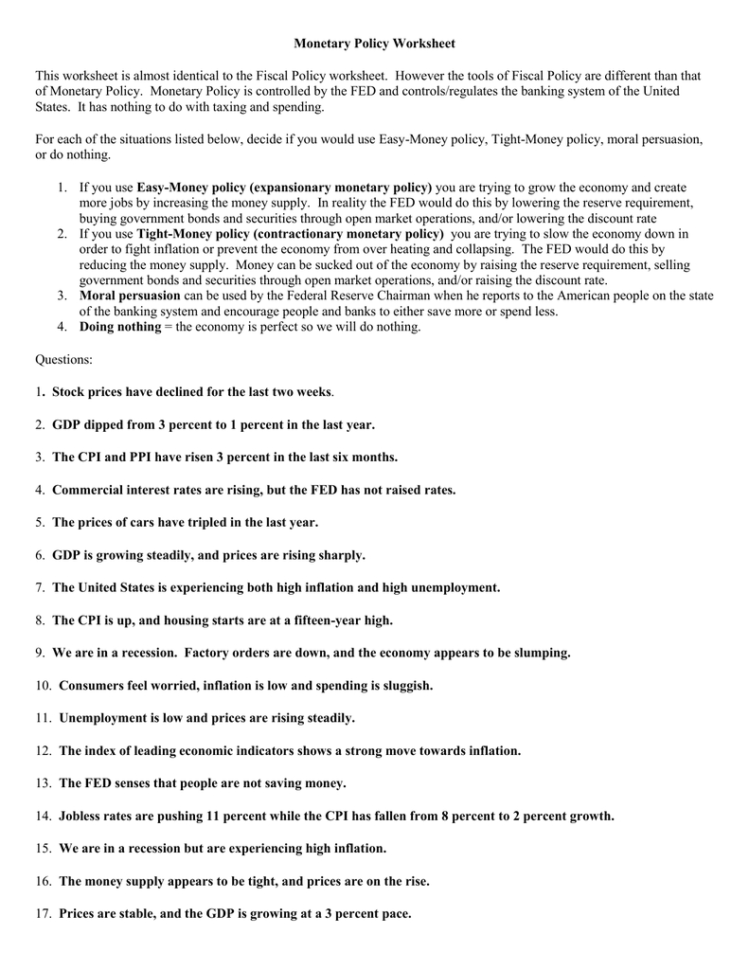 Monetary Policy Worksheet