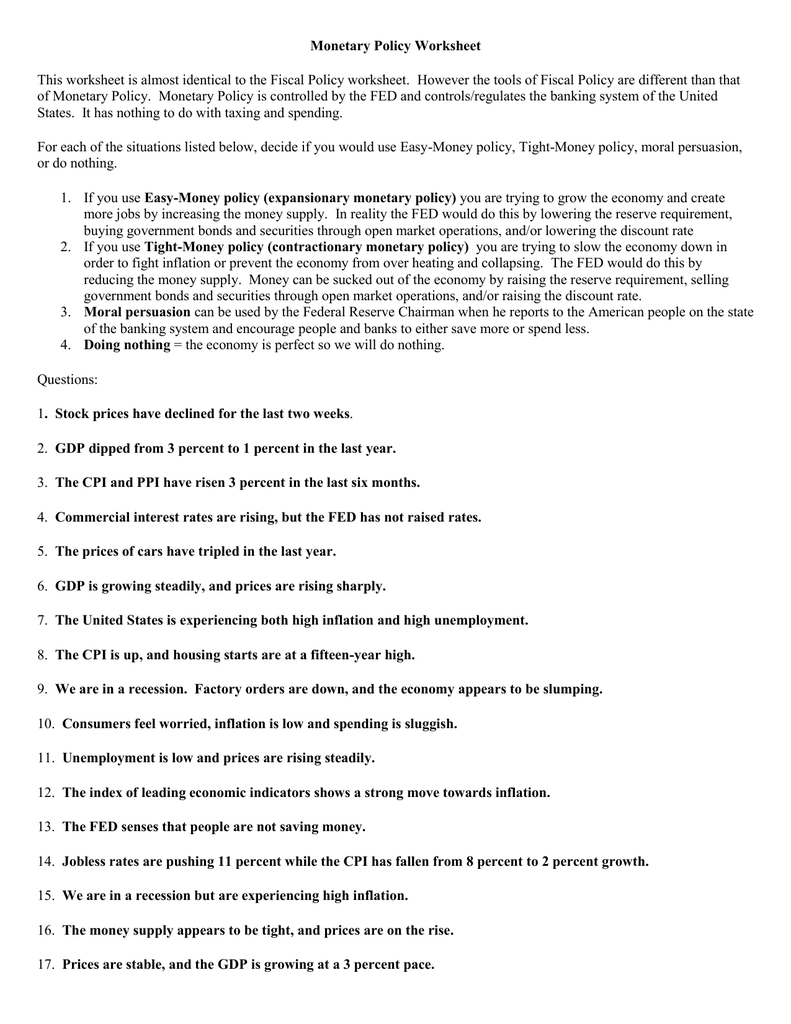 Monetary Policy Worksheet Answers db excel com