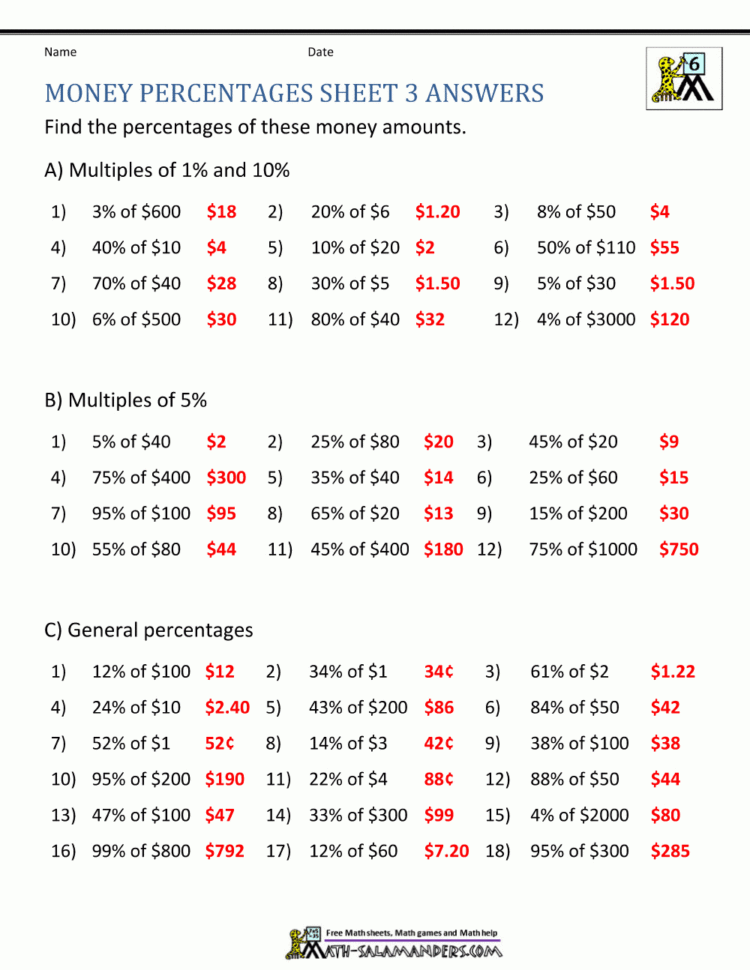 Money Percentage Worksheets