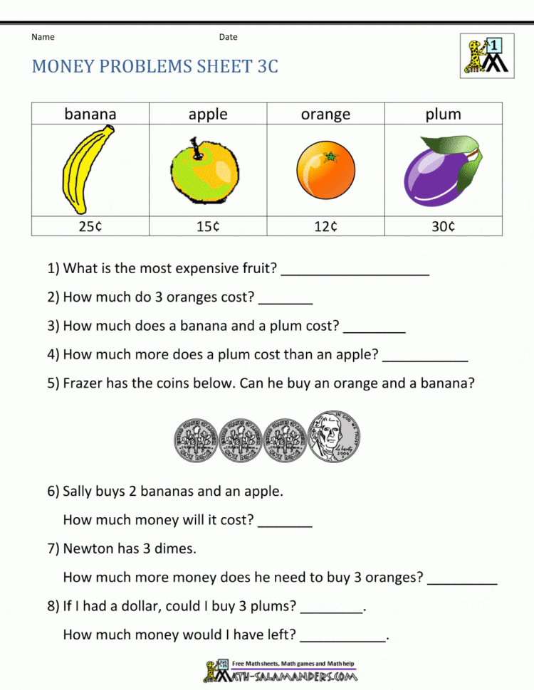Money Worksheets For Ft Grade