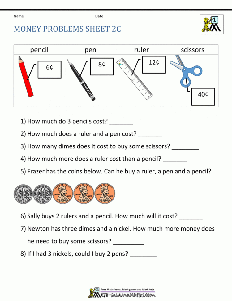 Money Worksheets For Ft Grade