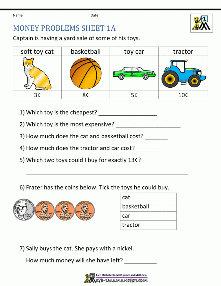 Money Worksheets For Ft Grade