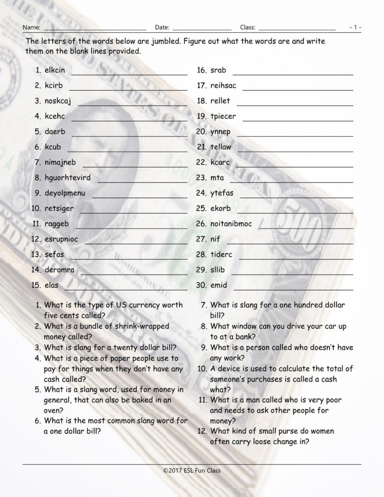 Moneybanking Jumbled Words Worksheet