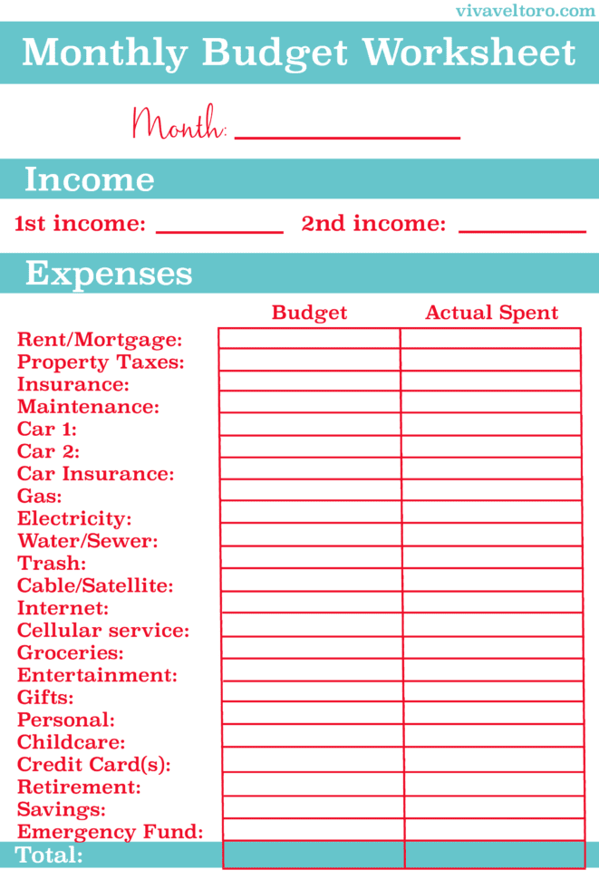 Monthly Budget Worksheet  Free Printable  Viva Veltoro