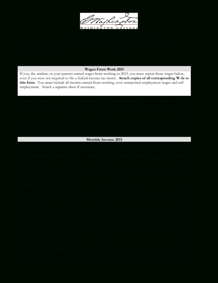 Monthly Expense  Income Worksheet  S At