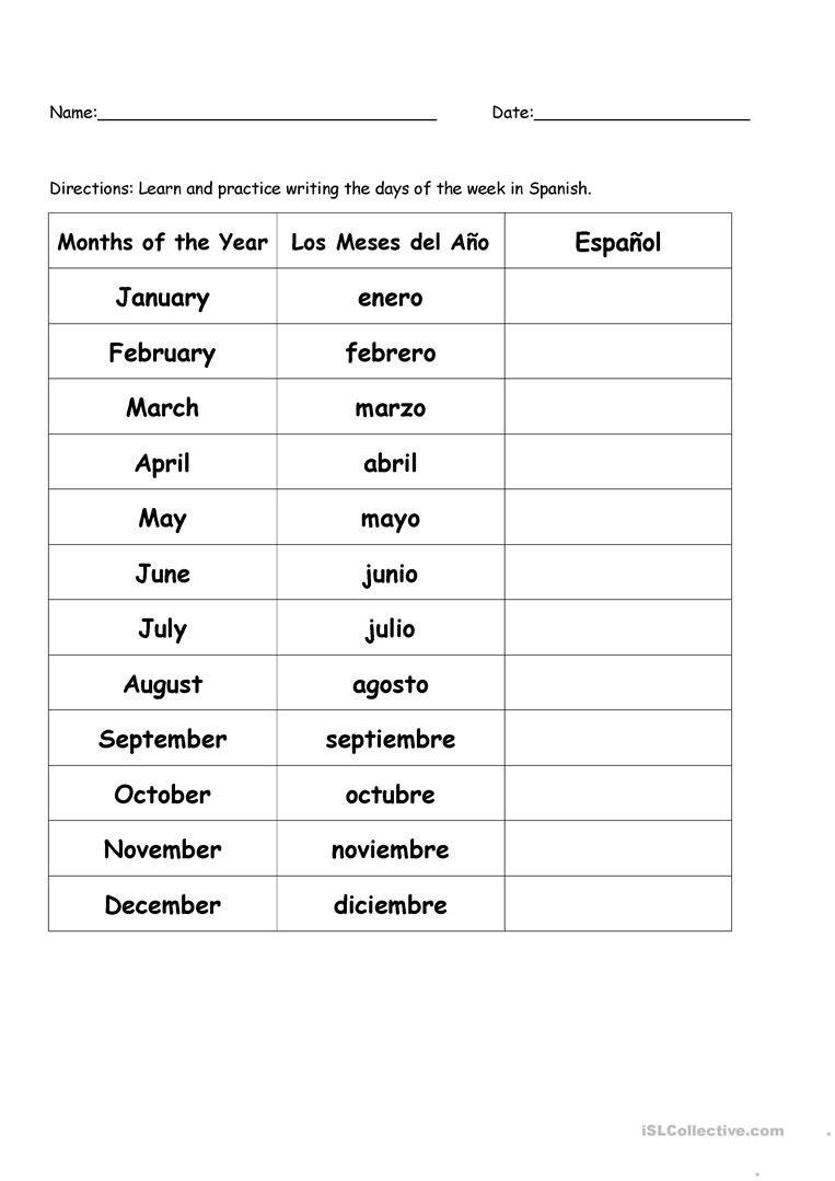 Months Of The Year In Spanish  English Esl Worksheets