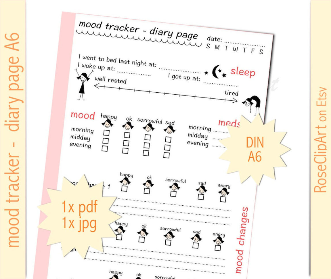 Mood Tracker A6  Instant Download  Printable Mood And Sleep Tracker   Depression Help  Commercial Use Allowed  Mood Diary Journal Page