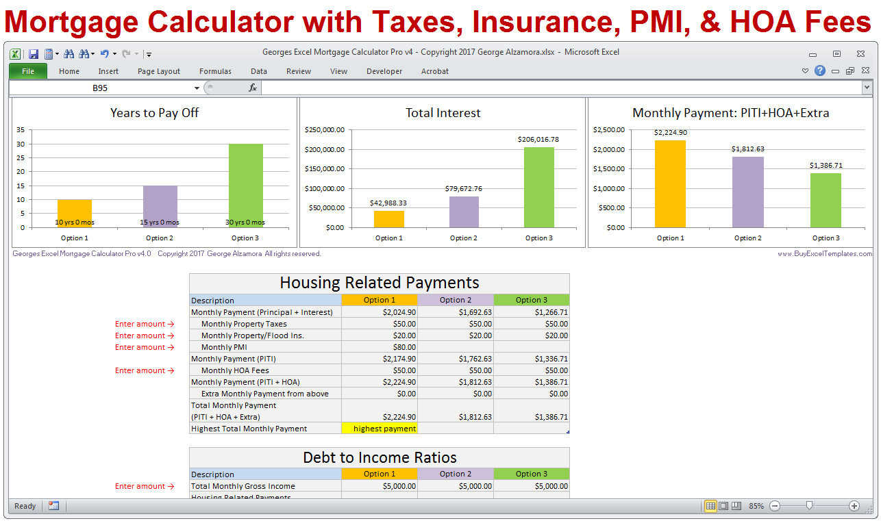 Mortgage Calculator With Taxes Insurance Pmi Hoa Piti Extra Payments Debt  To Income Ratio  Home Loan Calculator In Excel  Digital Download