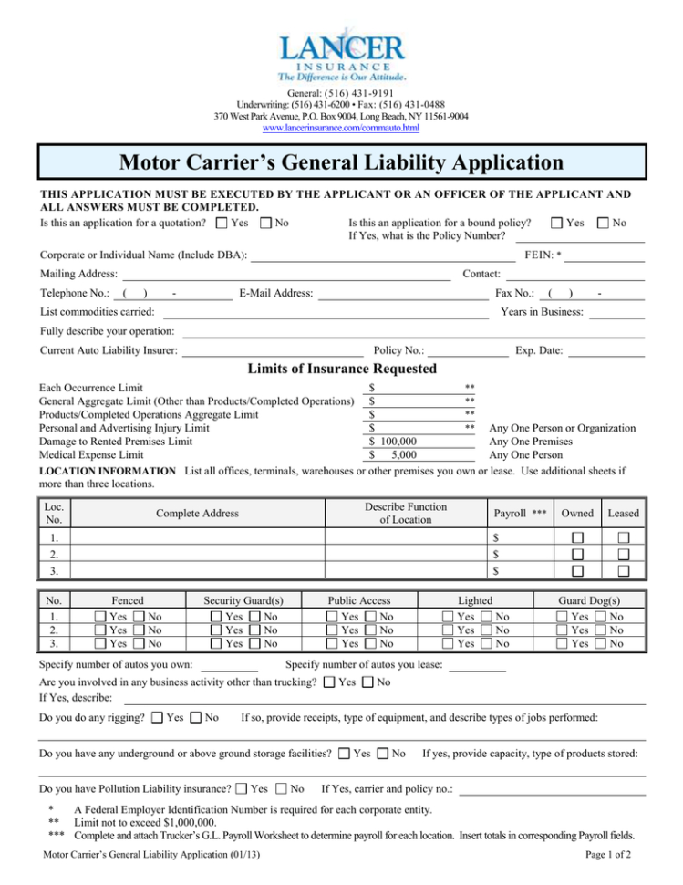 Motor Carrier's General Liability Application Limits Of