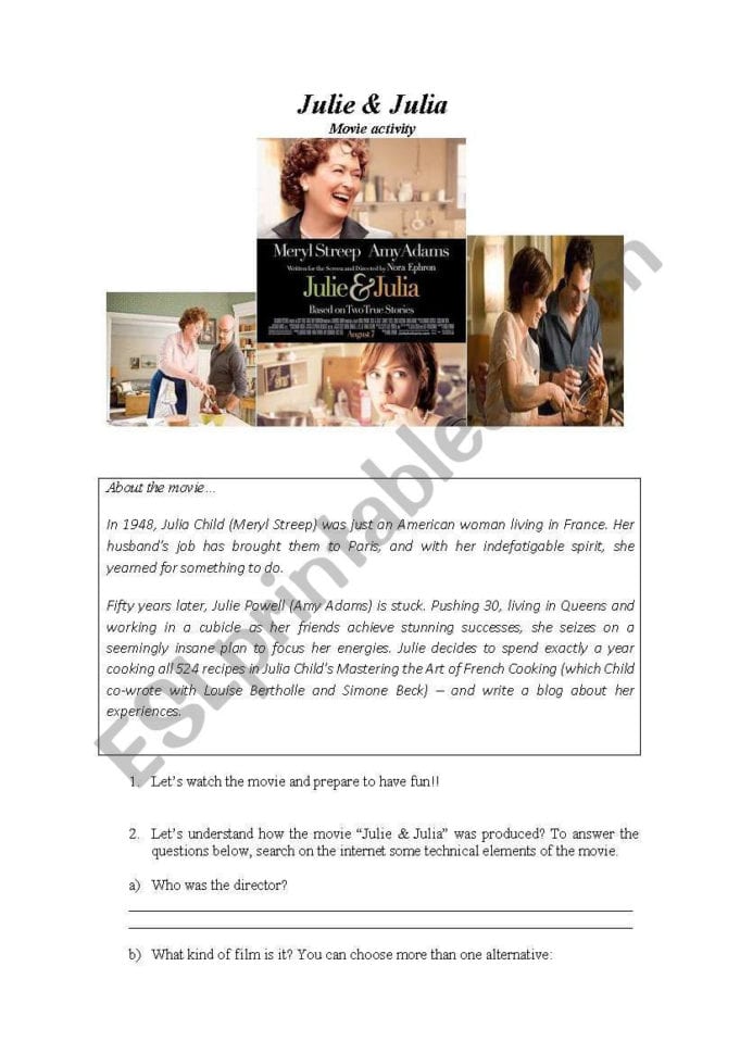 Movie Class  Julie  Julia  Esl Worksheetmiaraujo