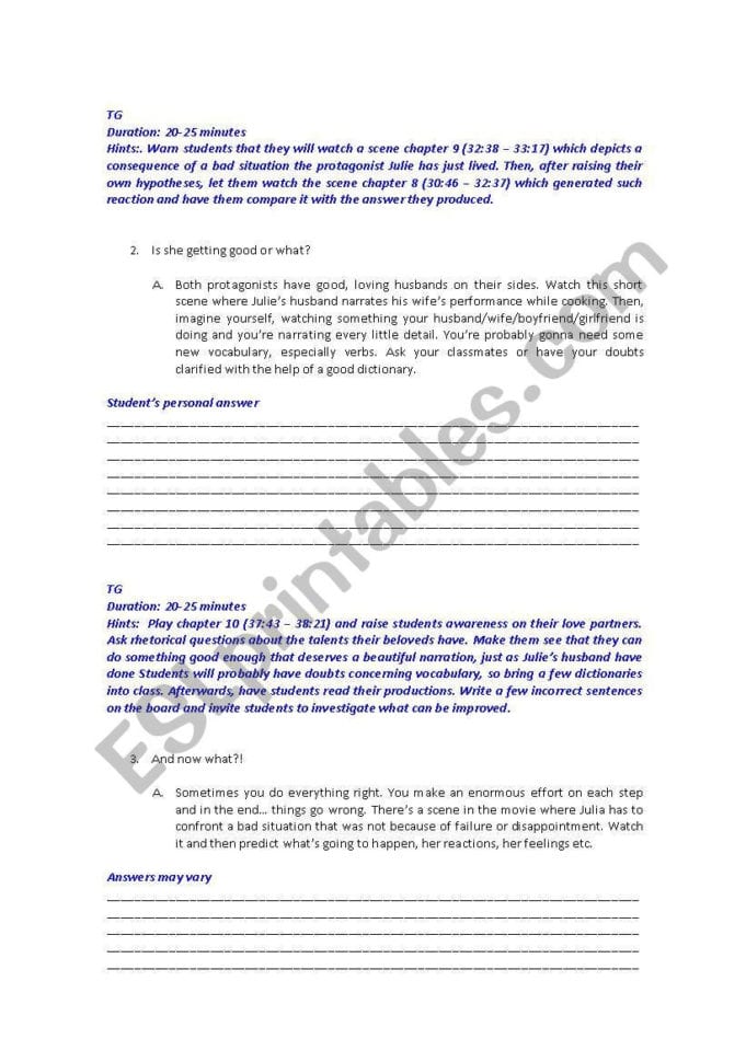 Movie Julie And Julia Part 2  Esl Worksheetangelocunha