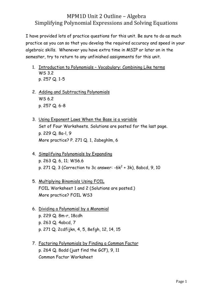 Mpm1D Unit 2 Outline – Algebra Simplifying Polynomial