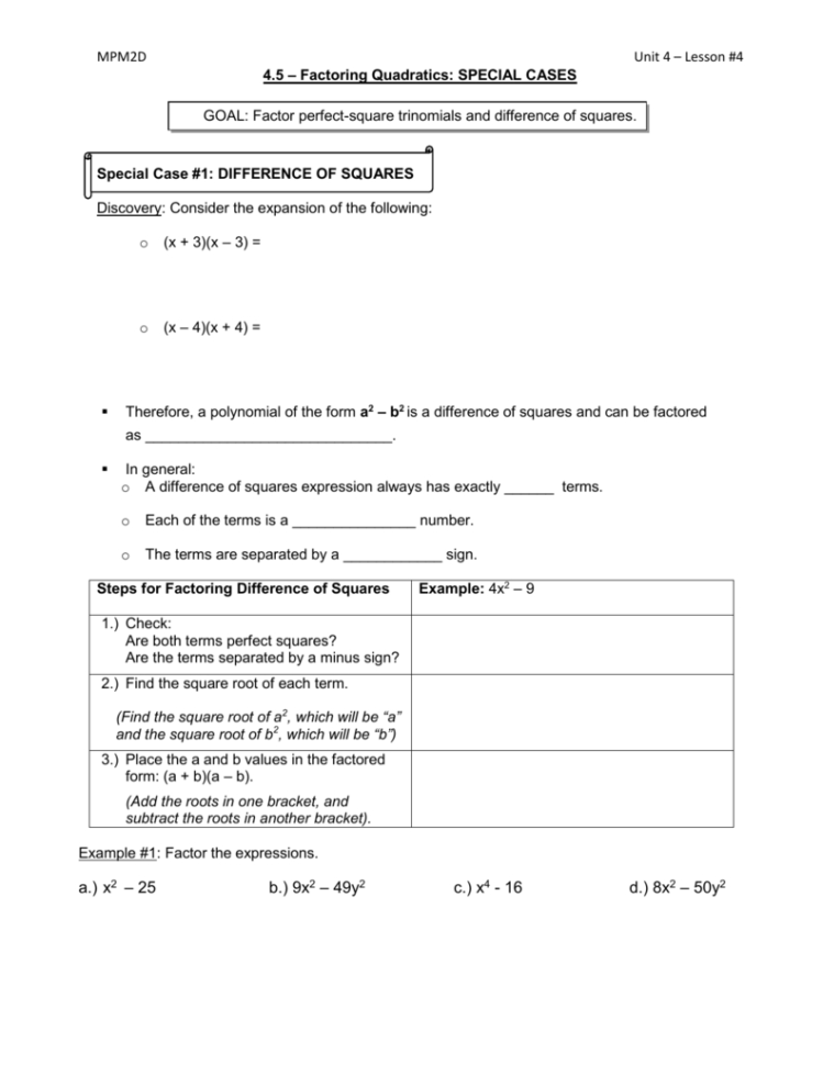 Mpm2Dunit 4 – Lesson 4 45 – Factoring Quadratics Special