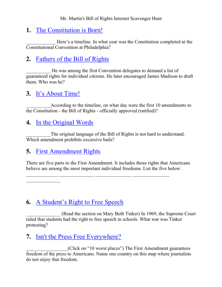 Mr Martins Bill Of Rights Scavenger Hunt
