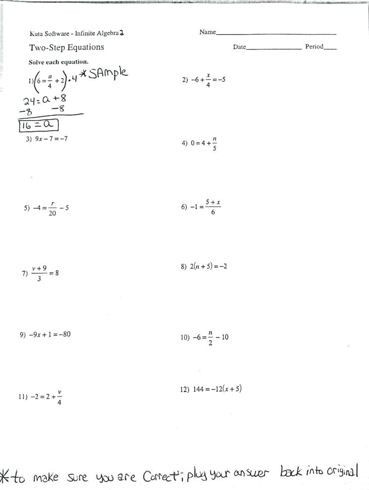 One Step Equations Multiple Choice Worksheet