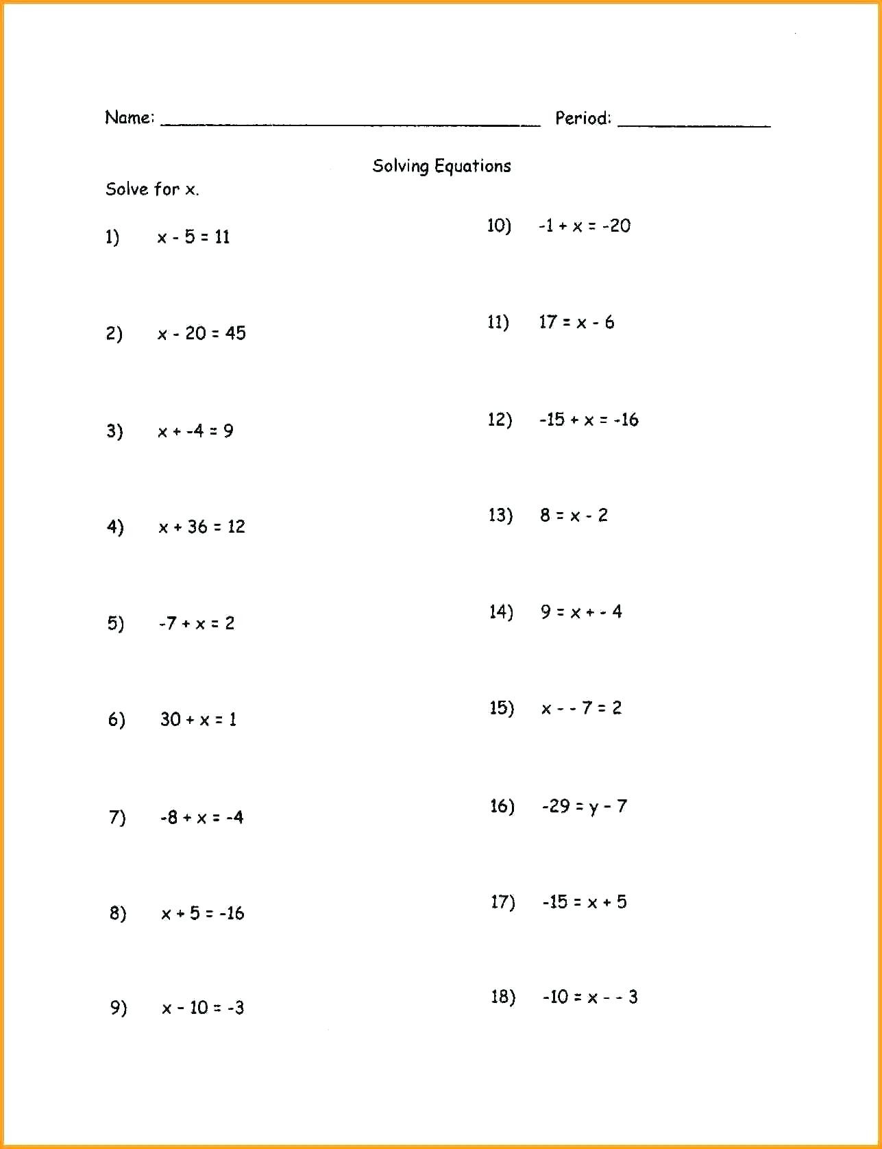 Solving Multi Step Equation Worksheet