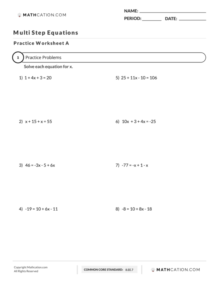 Multi Step Equations Worksheet  Mathcation