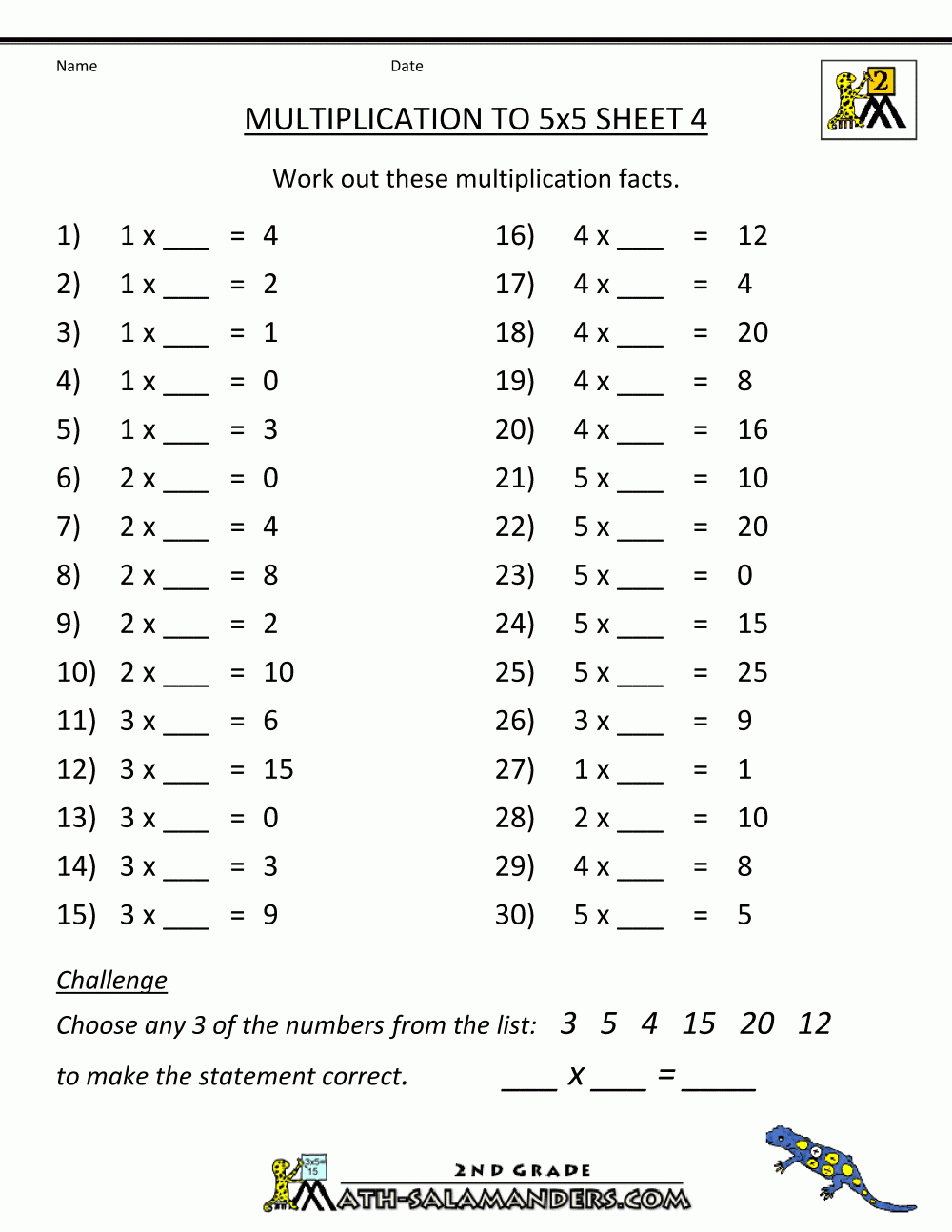 Multiplication Practice Worksheets To 5X5