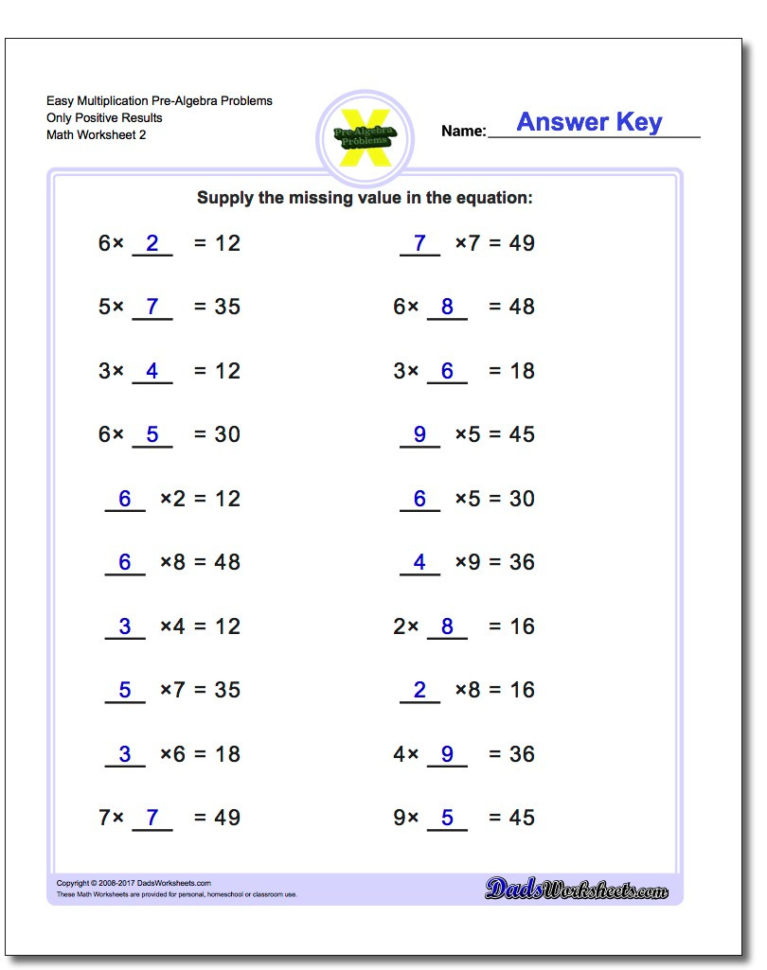 Multiplication Prealgebra Worksheets