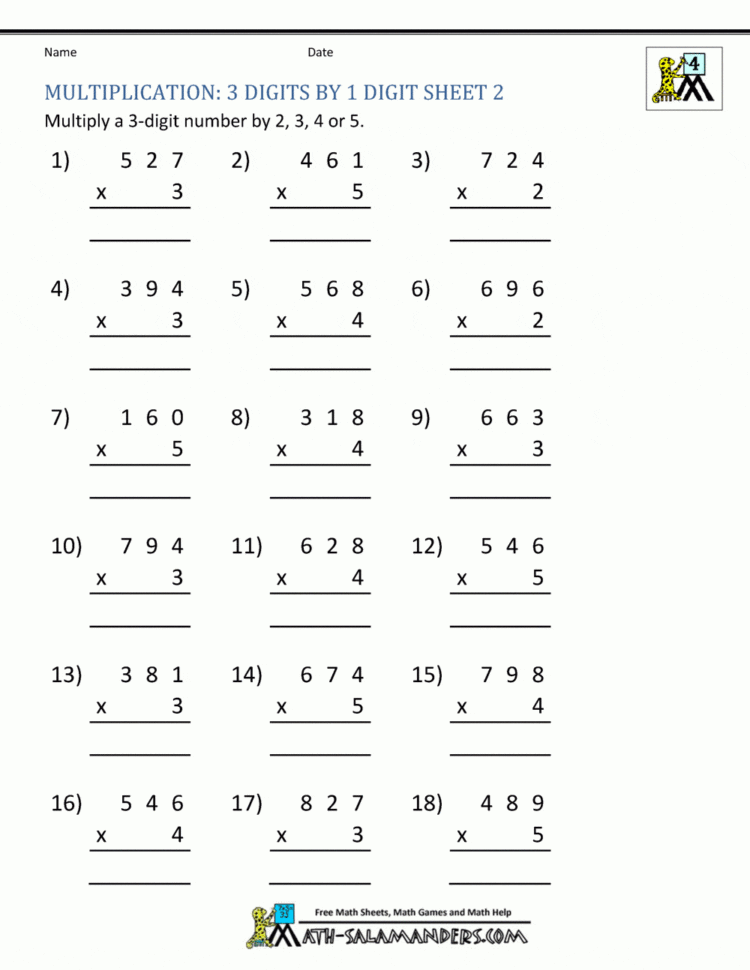 Multiplication Sheet 4Th Grade