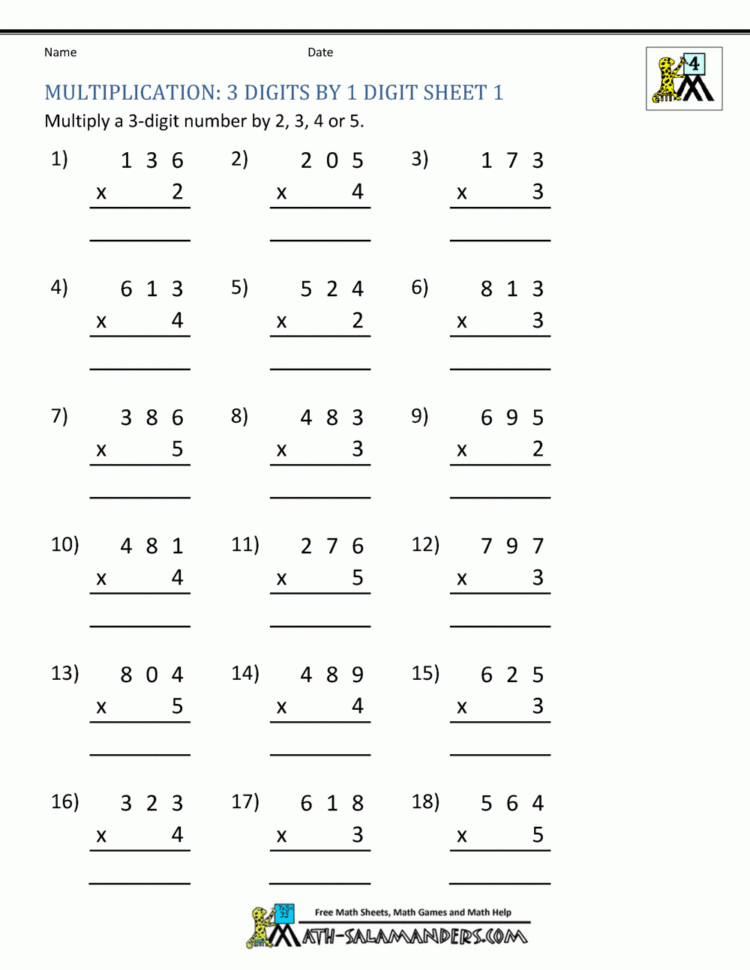 Multiplication Sheet 4Th Grade