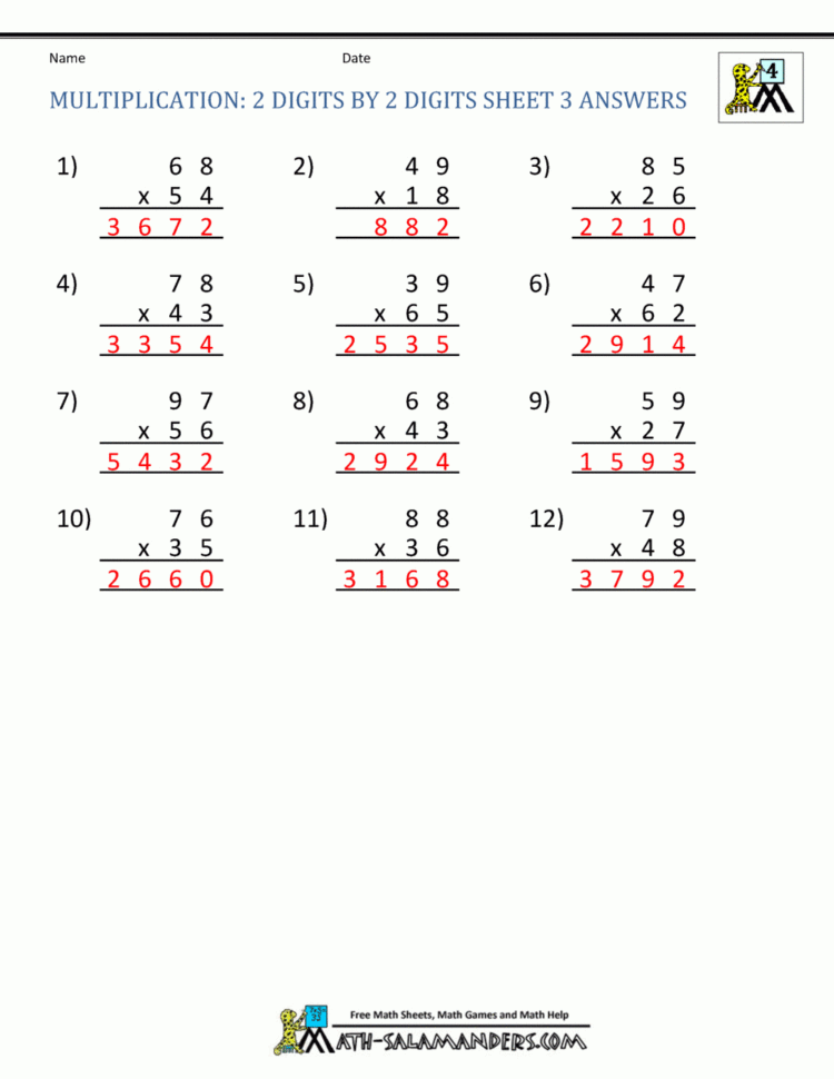 Multiplication Sheets 4Th Grade